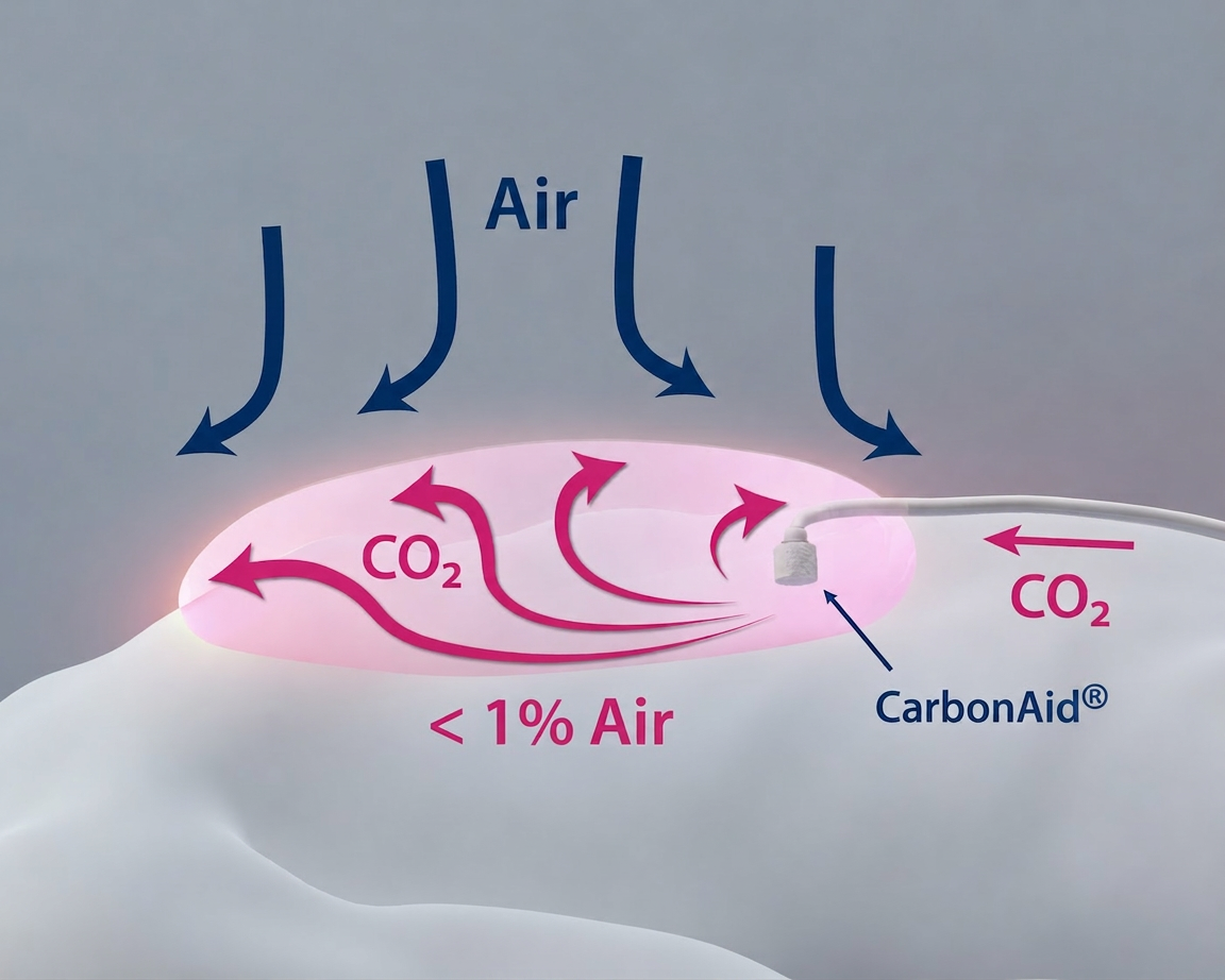 Diagram showing CO₂ flowing into the surgical cavity and displacing ambient air, achieving near-complete cavity saturation.